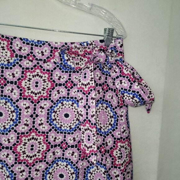 Loft Linen Wrap Skirt Women 10 Pink Blue Mosaic Floral Midi Linen/Viscose New - Picture 3 of 14